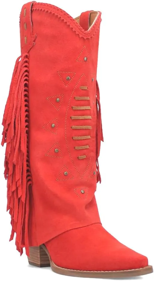 Dingo Womens Spirit Trail Studded Embroidered Fringe Snip Toe Pull On Casual Boots Knee High Mid Heel 2-3" - Red