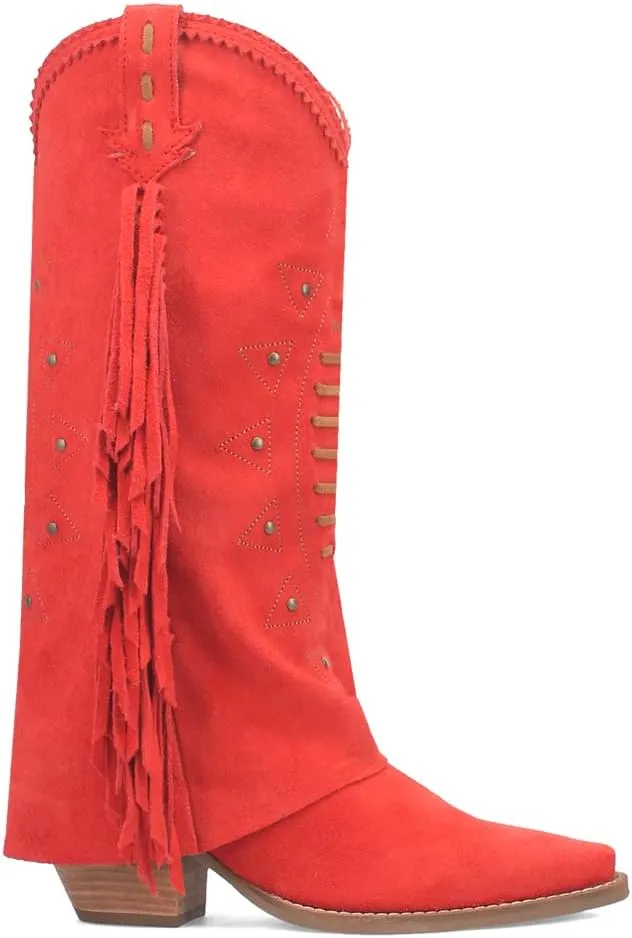 Dingo Womens Spirit Trail Studded Embroidered Fringe Snip Toe Pull On Casual Boots Knee High Mid Heel 2-3" - Red