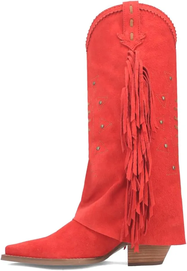 Dingo Womens Spirit Trail Studded Embroidered Fringe Snip Toe Pull On Casual Boots Knee High Mid Heel 2-3" - Red