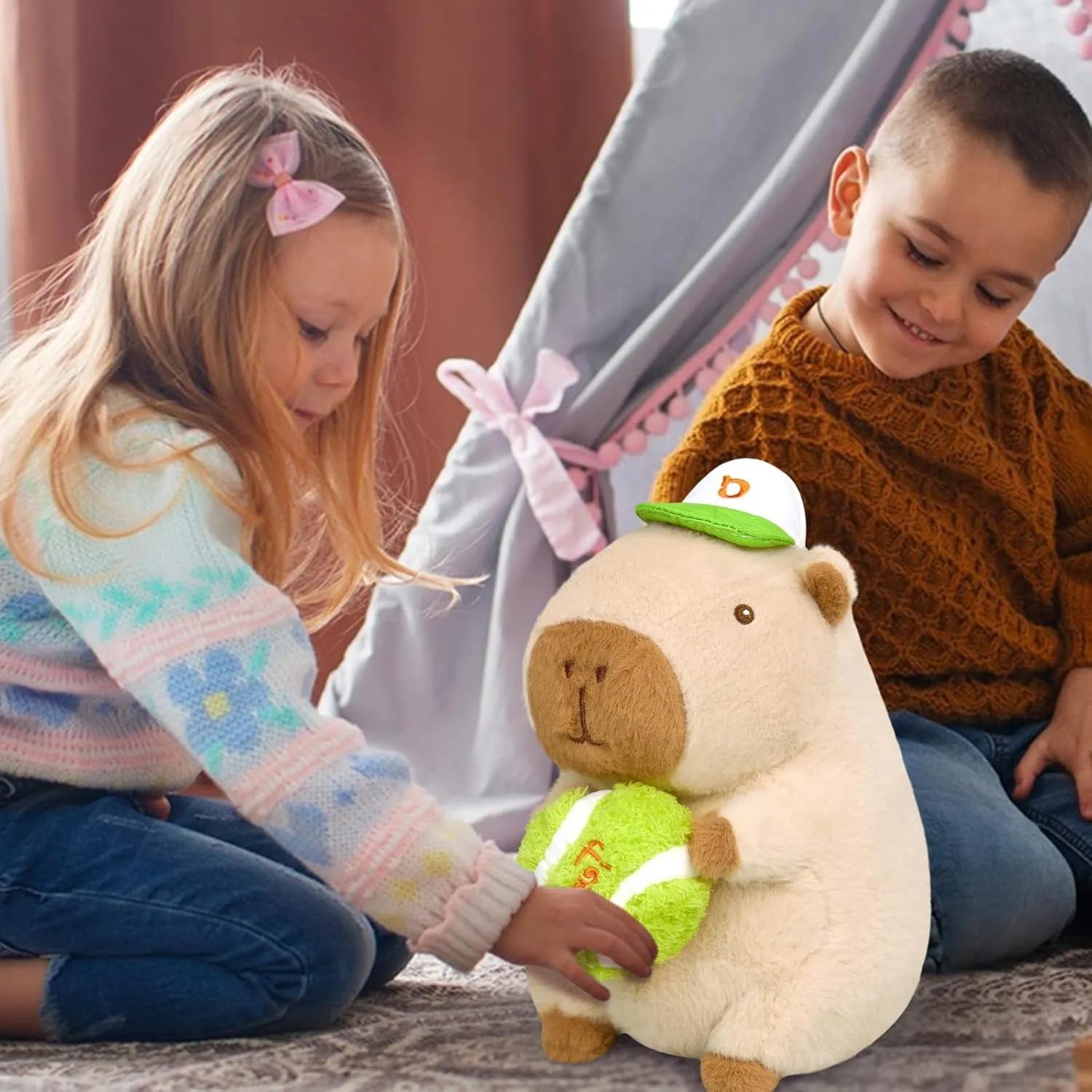 Ditucu Cute Tennis Capybara Plush Sports Pulling Stuffed Animal Capibara Plushies Toys Gifts for Kids Beige 13.7 inch