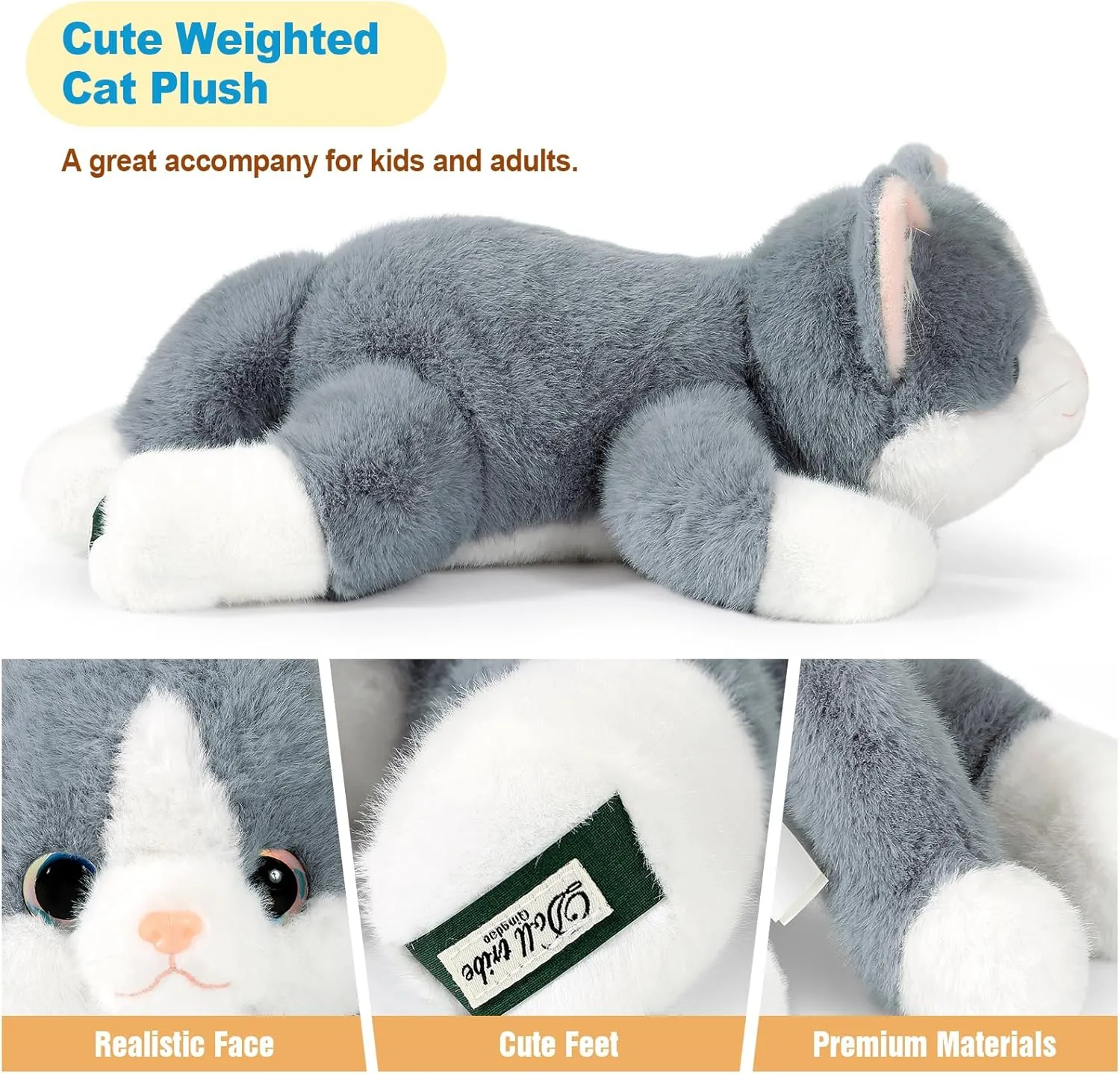 Ditucu Weighted Cat Stuffed Animal 1.2 lbs Cute Realistic Kitten Plush Toys 17.7 inch Soft Plushies Gifts for Kids Grey