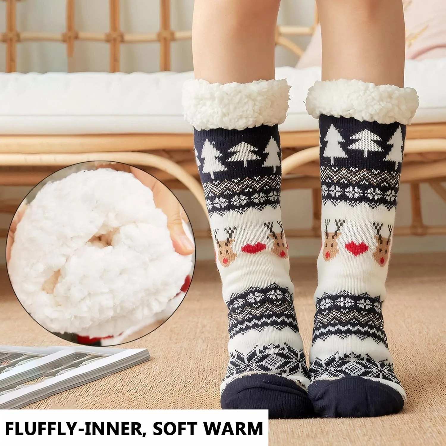 DRASEX Men‘s Fuzzy Slipper Socks Winter Cozy Fluffy Cabin Warm Soft Fleece Lining Thick Comfy Knit Non Slip Christmas Home Socks