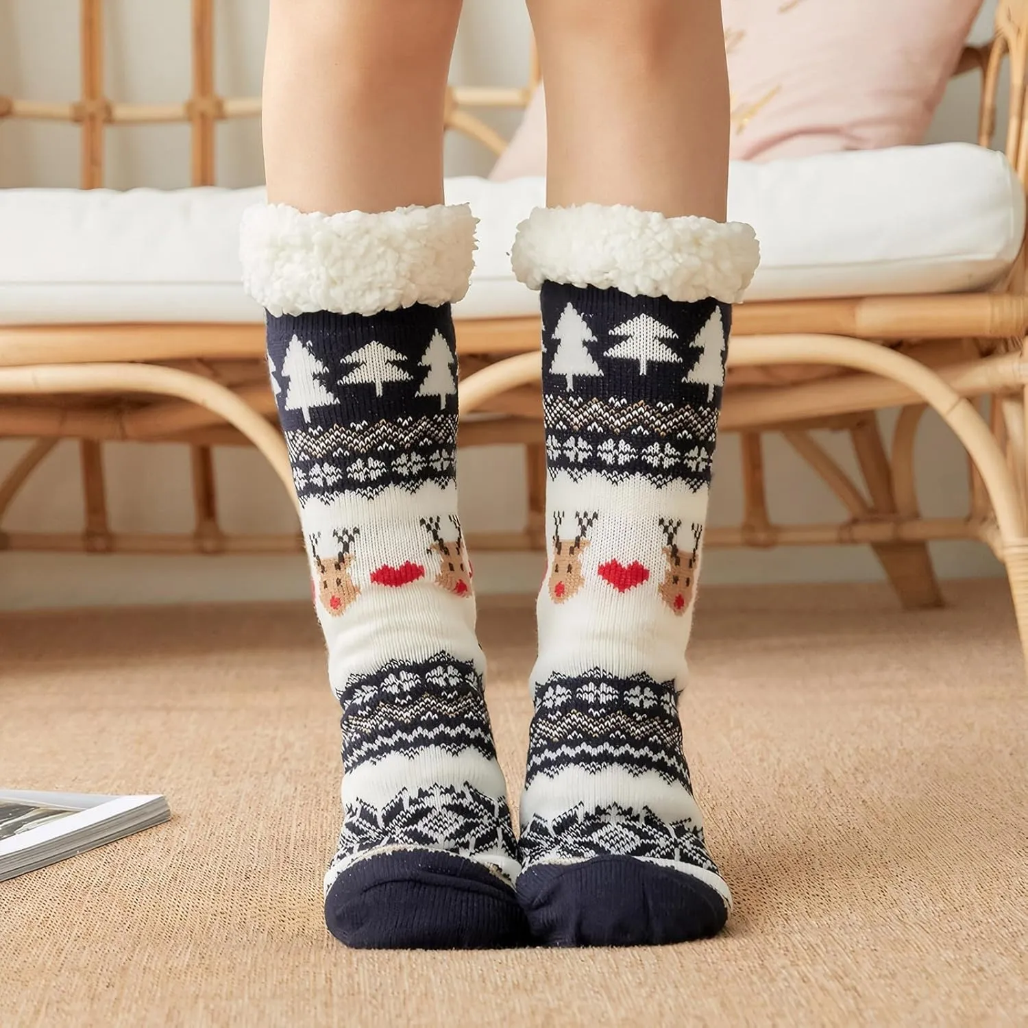 DRASEX Men‘s Fuzzy Slipper Socks Winter Cozy Fluffy Cabin Warm Soft Fleece Lining Thick Comfy Knit Non Slip Christmas Home Socks