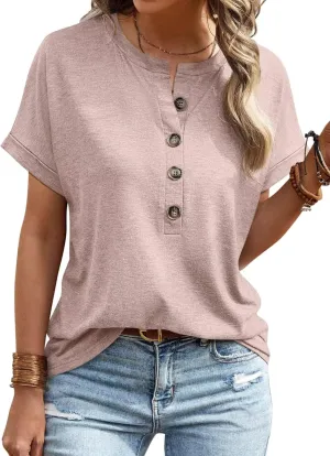 EADINVE Womens Tshirts Crew Neck Short Sleeve Summer Buttons Tops Casual Roll Sleeve Basic Tee Shirts Trendy Loose Fit
