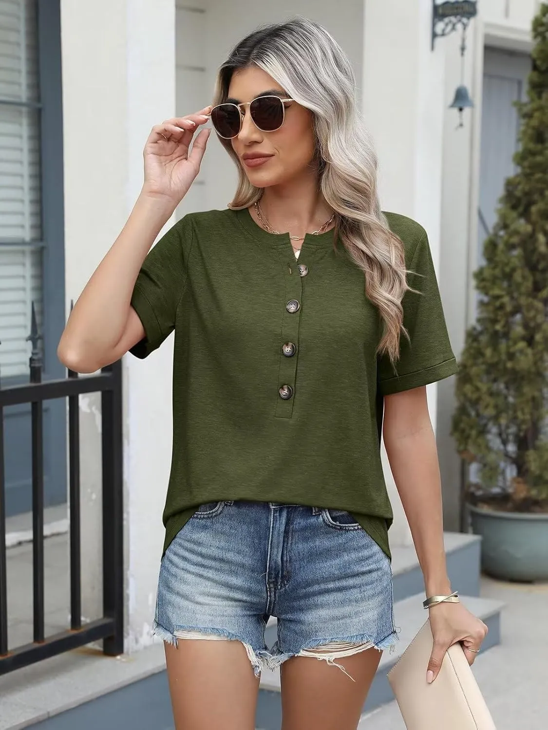 EADINVE Womens Tshirts Crew Neck Short Sleeve Summer Buttons Tops Casual Roll Sleeve Basic Tee Shirts Trendy Loose Fit