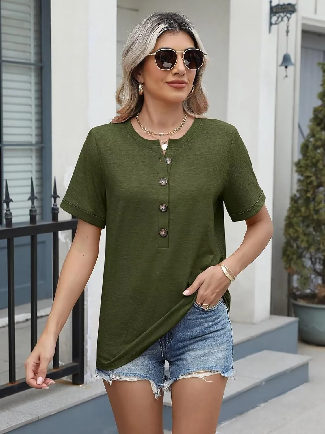 EADINVE Womens Tshirts Crew Neck Short Sleeve Summer Buttons Tops Casual Roll Sleeve Basic Tee Shirts Trendy Loose Fit