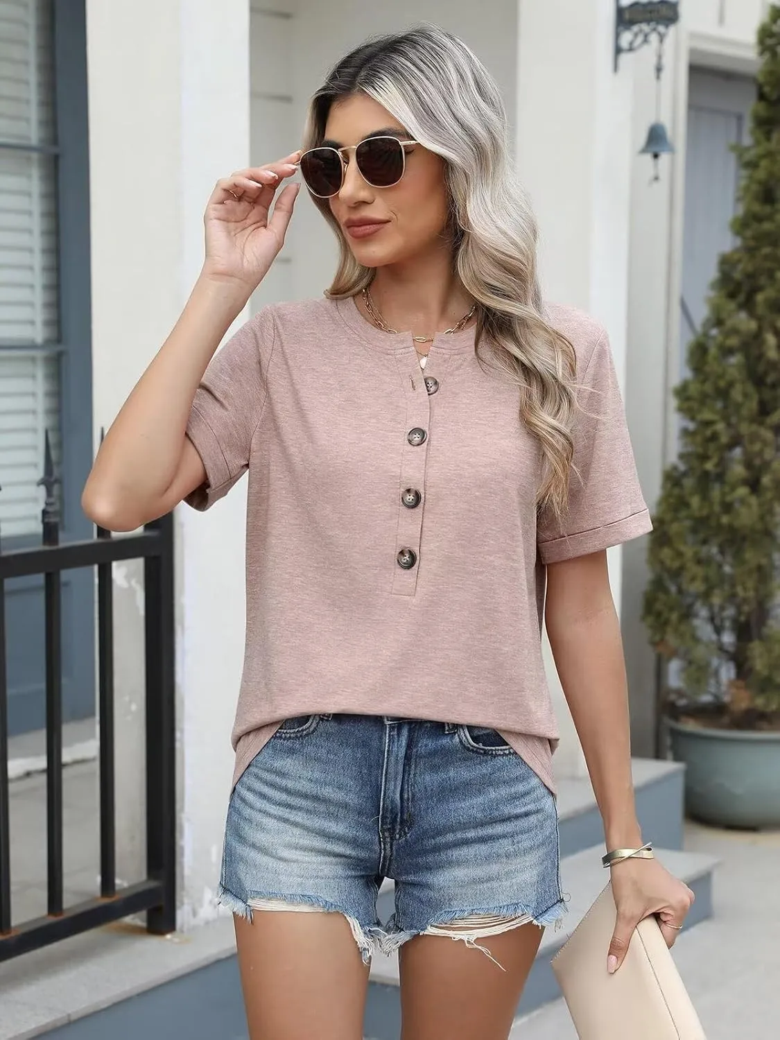 EADINVE Womens Tshirts Crew Neck Short Sleeve Summer Buttons Tops Casual Roll Sleeve Basic Tee Shirts Trendy Loose Fit
