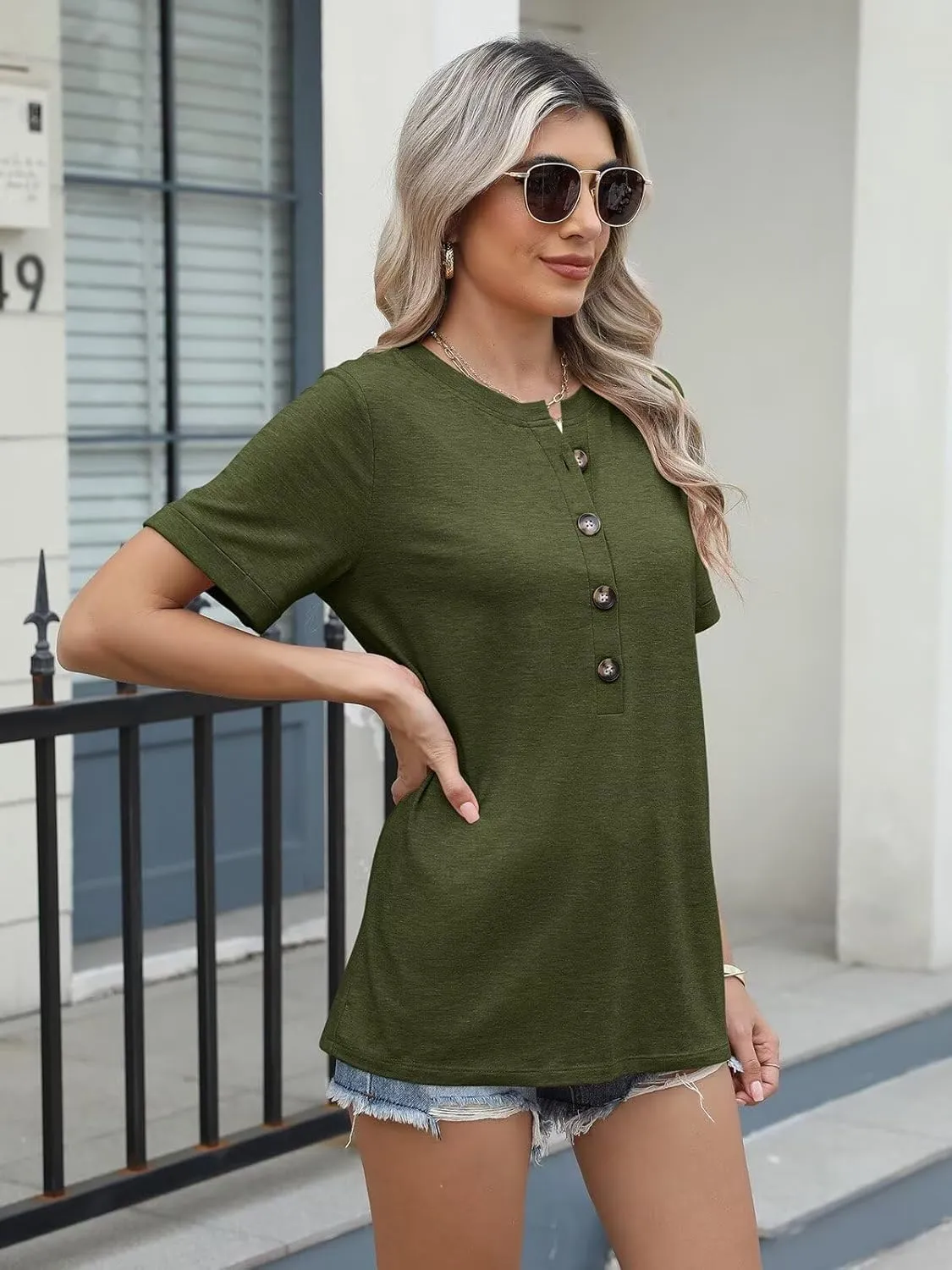EADINVE Womens Tshirts Crew Neck Short Sleeve Summer Buttons Tops Casual Roll Sleeve Basic Tee Shirts Trendy Loose Fit