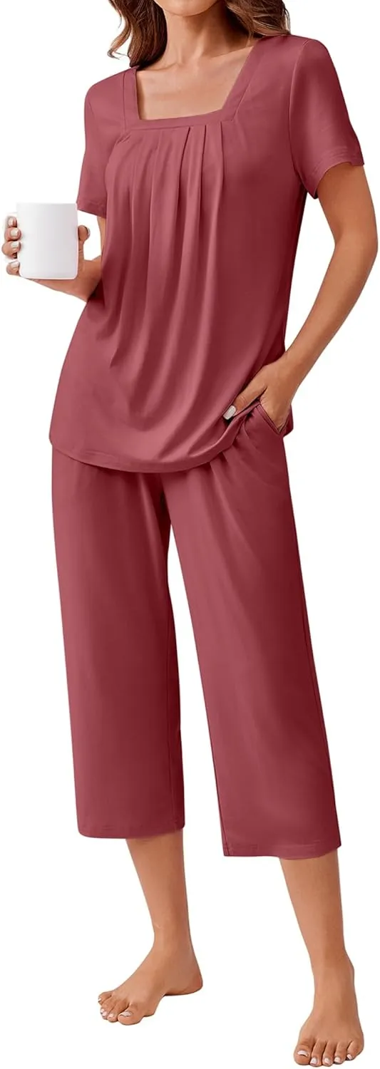 Ekouaer Pajama Set for Women Short Sleeve Top With Capri Pants Pjs 2 Piece O Neck Loungewear Soft Sleepwear with Pockets