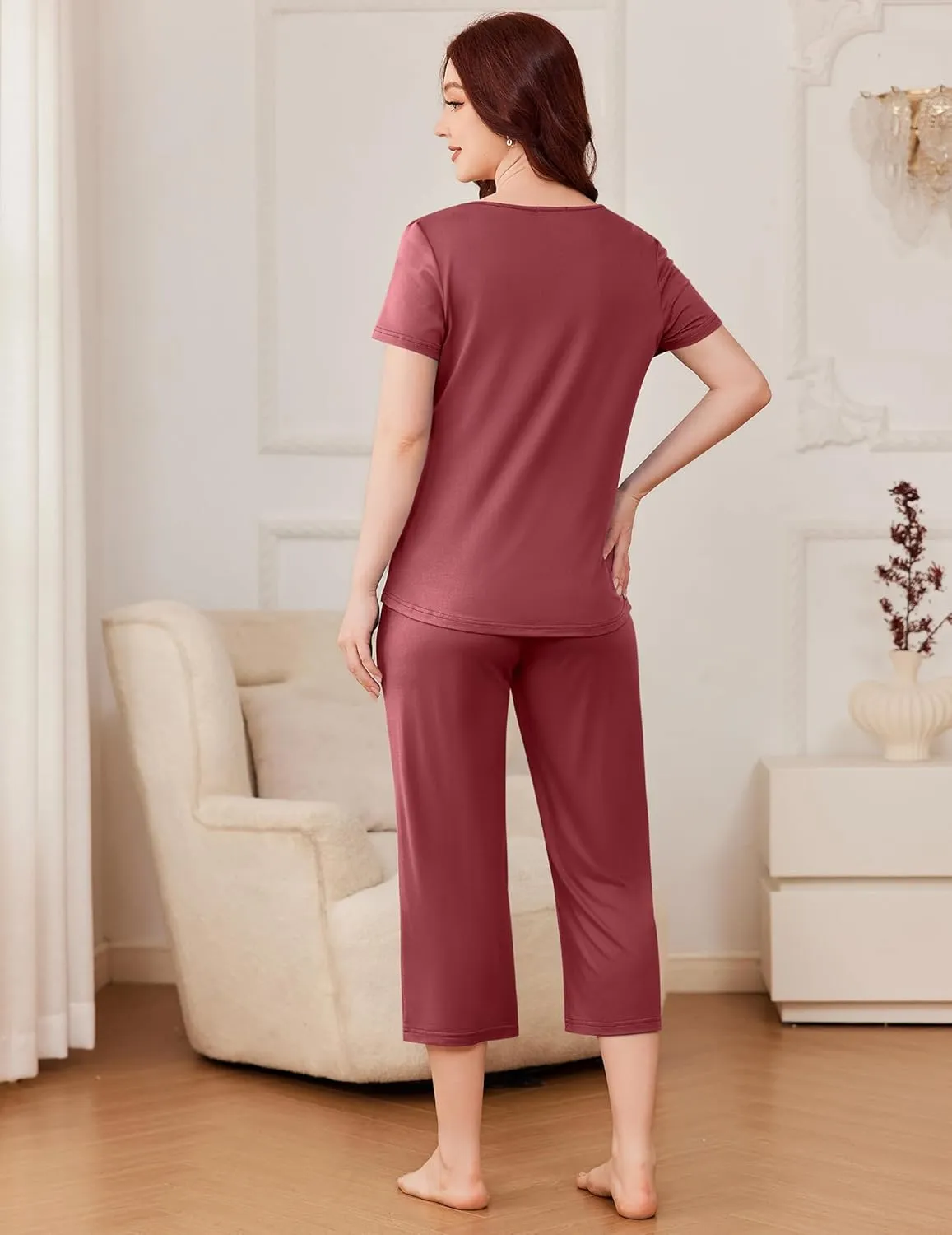 Ekouaer Pajama Set for Women Short Sleeve Top With Capri Pants Pjs 2 Piece O Neck Loungewear Soft Sleepwear with Pockets