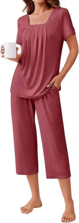 Ekouaer Pajama Set for Women Short Sleeve Top With Capri Pants Pjs 2 Piece O Neck Loungewear Soft Sleepwear with Pockets