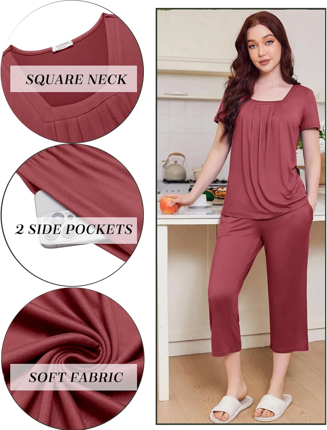Ekouaer Pajama Set for Women Short Sleeve Top With Capri Pants Pjs 2 Piece O Neck Loungewear Soft Sleepwear with Pockets