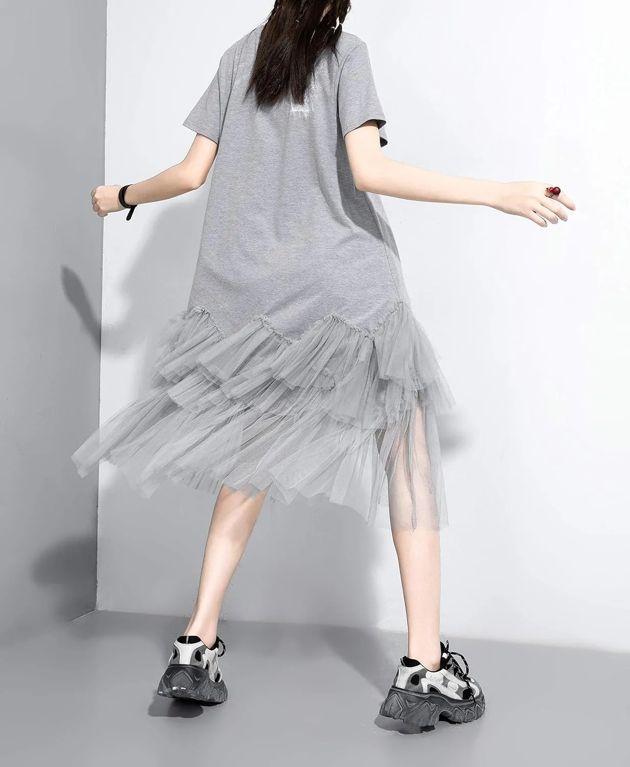 ellazhu Women's Casual Short Sleeve Crew Neck Tutu Tulle Dress with an Oversized Fit GY2266