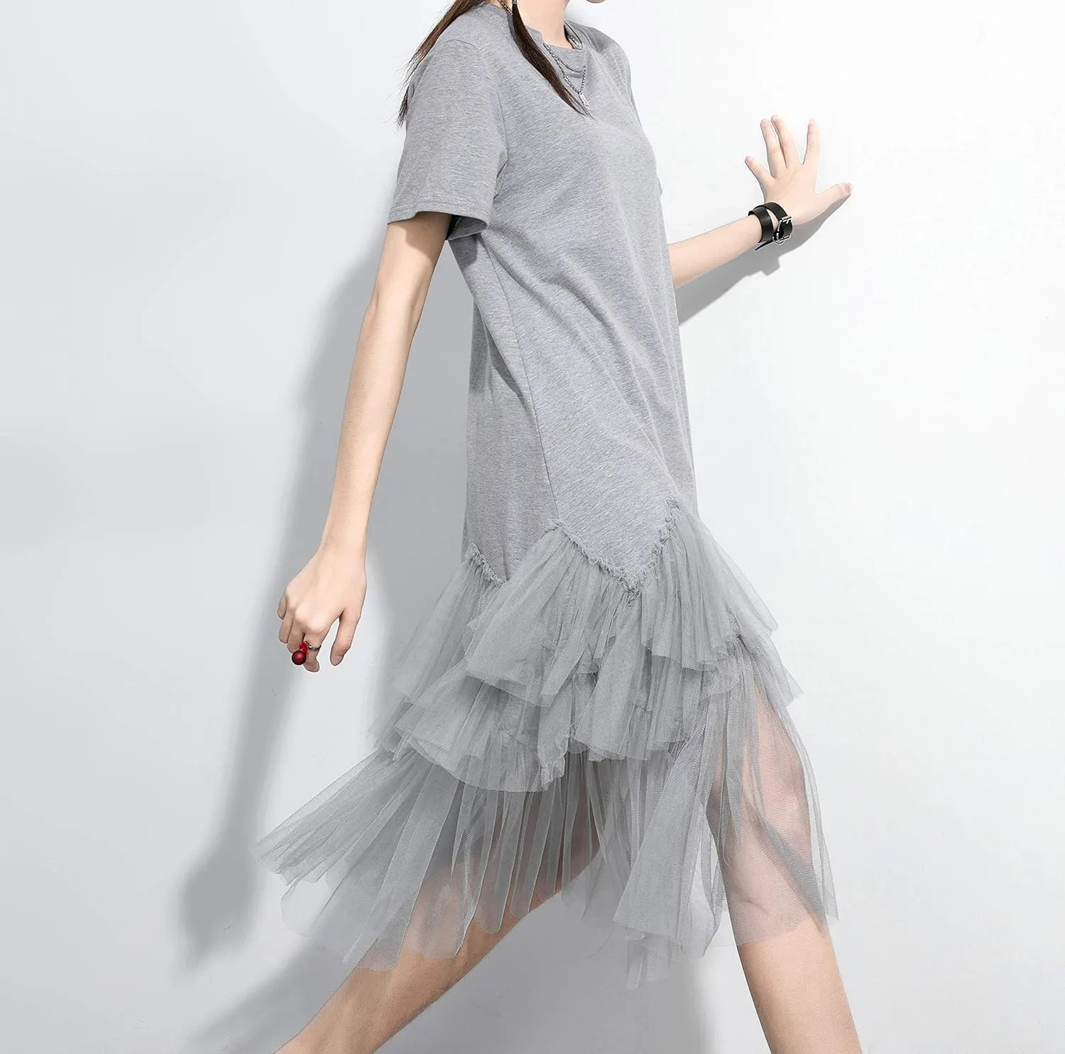 ellazhu Women's Casual Short Sleeve Crew Neck Tutu Tulle Dress with an Oversized Fit GY2266