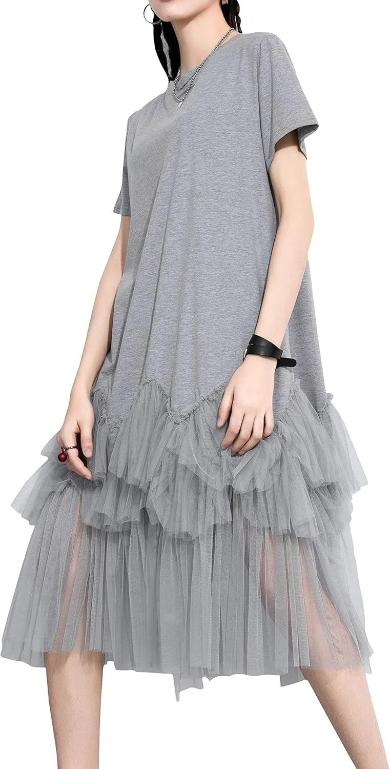 ellazhu Women's Casual Short Sleeve Crew Neck Tutu Tulle Dress with an Oversized Fit GY2266
