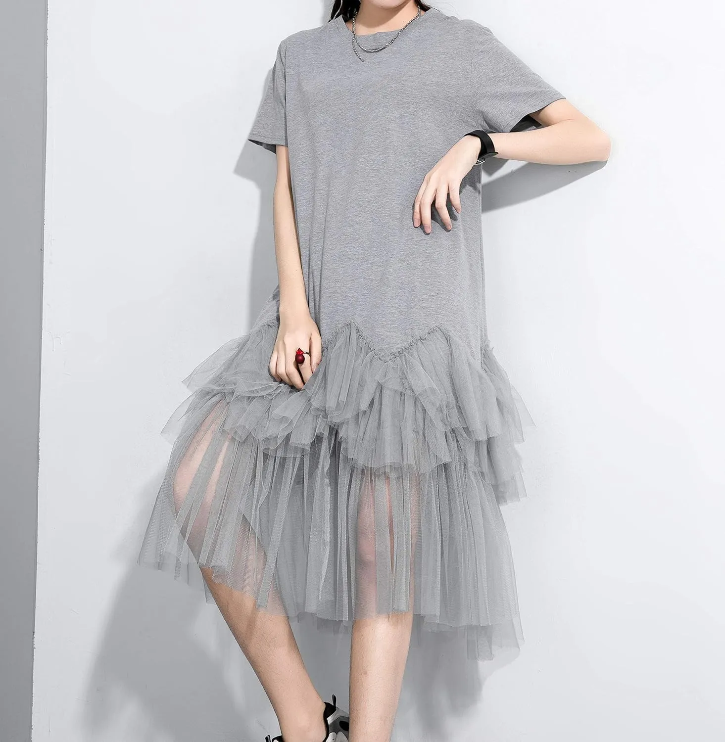 ellazhu Women's Casual Short Sleeve Crew Neck Tutu Tulle Dress with an Oversized Fit GY2266