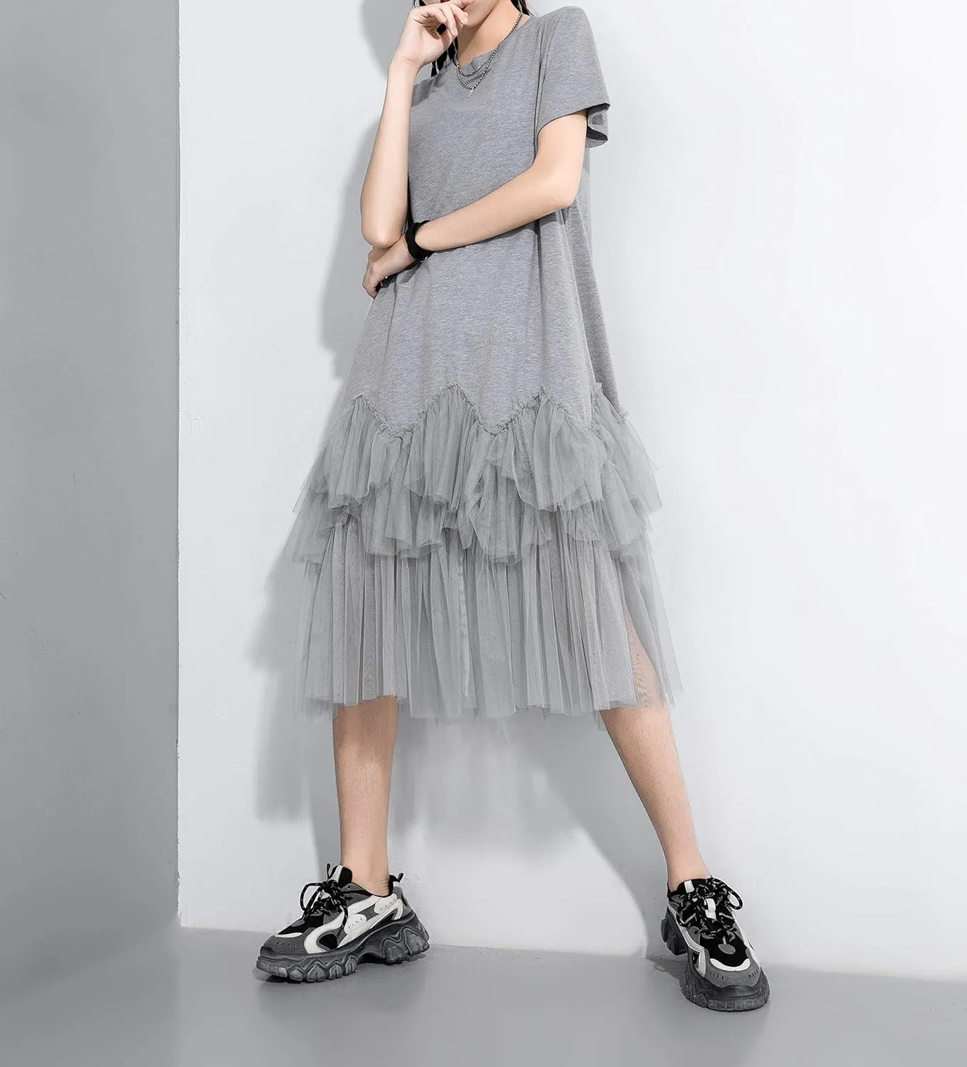 ellazhu Women's Casual Short Sleeve Crew Neck Tutu Tulle Dress with an Oversized Fit GY2266