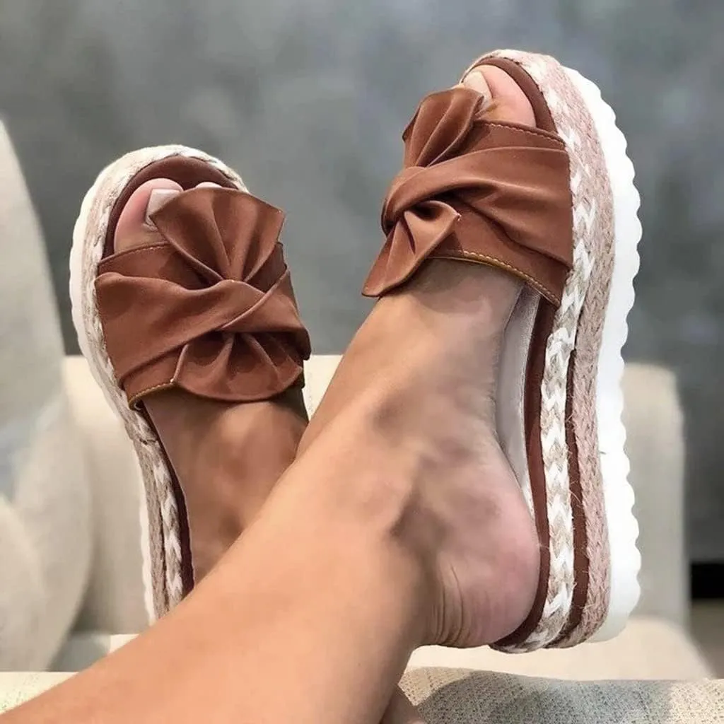 EMRELOD Women's Platform Slides Sandal Plain Slippers Slip On Sandals Slides Casual Open Toe Beach Wedge Sandals for Women Summer Comfortable Walking Espadrilles Sandal (03-Brown, 10)