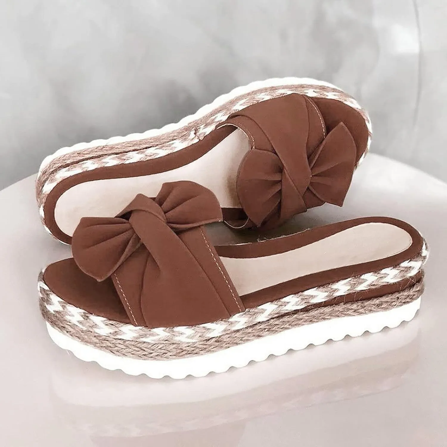 EMRELOD Women's Platform Slides Sandal Plain Slippers Slip On Sandals Slides Casual Open Toe Beach Wedge Sandals for Women Summer Comfortable Walking Espadrilles Sandal (03-Brown, 10)