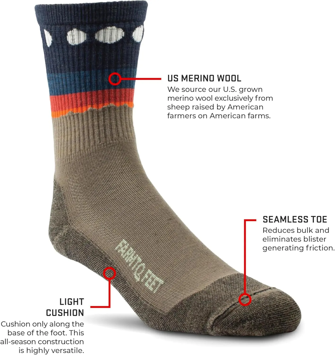 Farm to Feet Unisex Flagstaff Light Cushion Trail Lightweight 3/4 Crew Socks