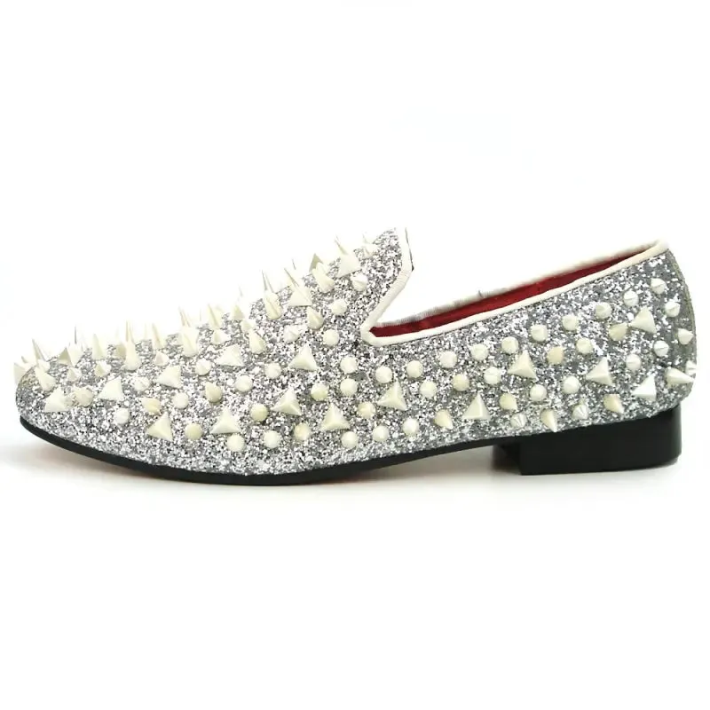 Fiesso FI-7239 Silver Glitter White Spikes Loafers