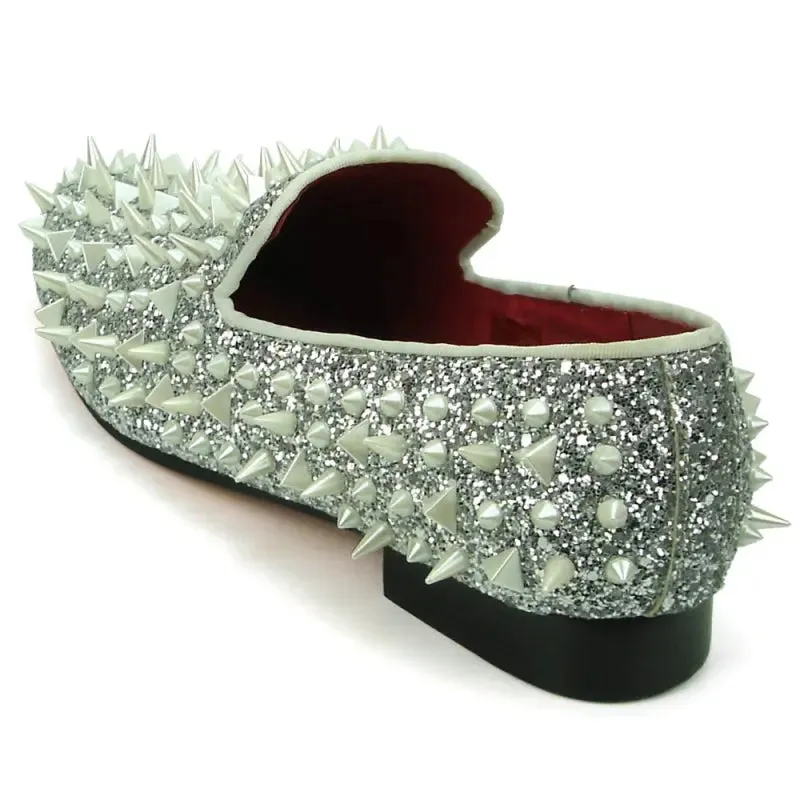 Fiesso FI-7239 Silver Glitter White Spikes Loafers
