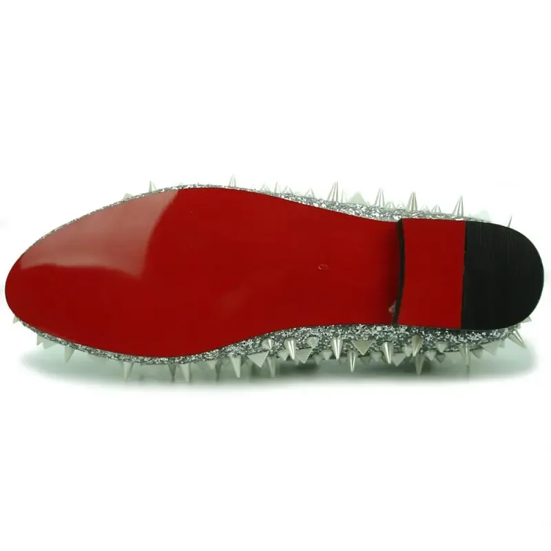 Fiesso FI-7239 Silver Glitter White Spikes Loafers