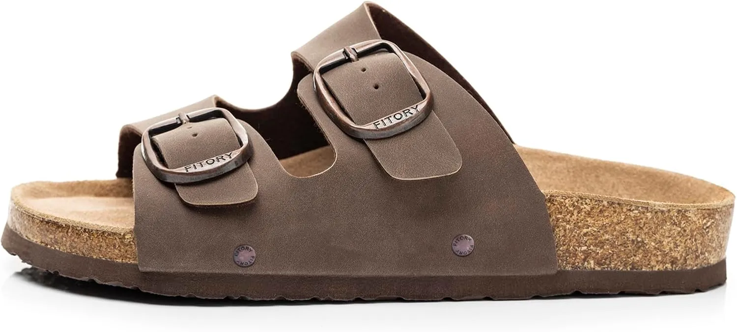 FITORY Womens Flat Sandals with Cork Footbed, Open Toe Slides Adjustable Slip On Slippers for Summer Size 6-11