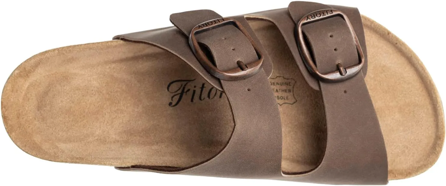 FITORY Womens Flat Sandals with Cork Footbed, Open Toe Slides Adjustable Slip On Slippers for Summer Size 6-11