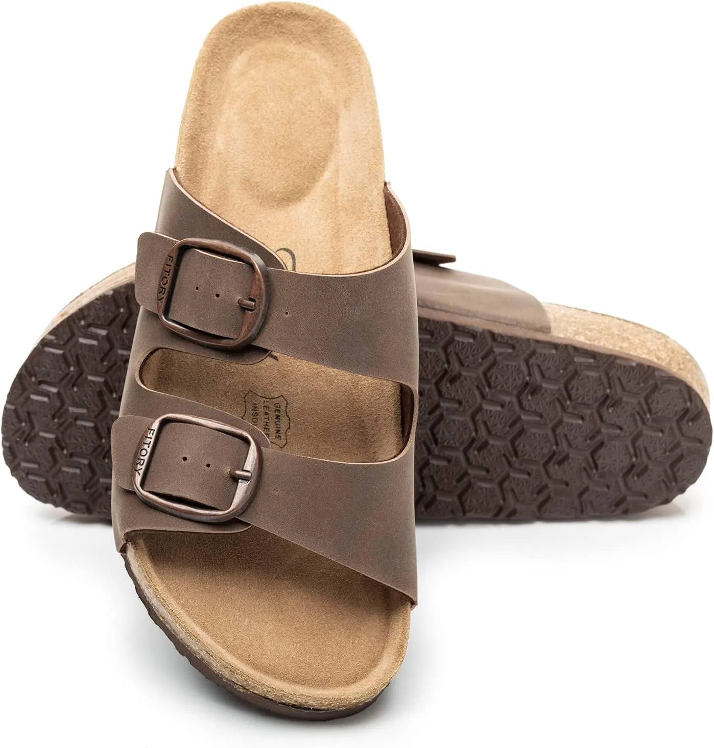 FITORY Womens Flat Sandals with Cork Footbed, Open Toe Slides Adjustable Slip On Slippers for Summer Size 6-11