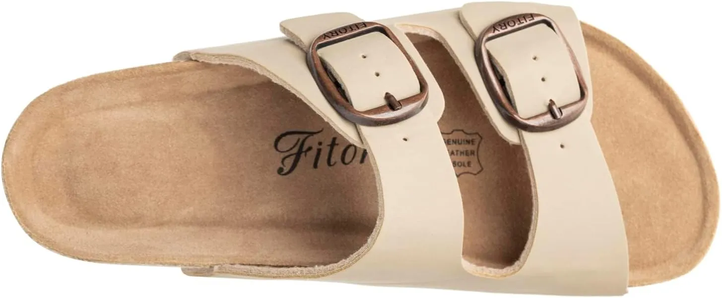 FITORY Womens Flat Sandals with Cork Footbed, Open Toe Slides Adjustable Slip On Slippers for Summer Size 6-11