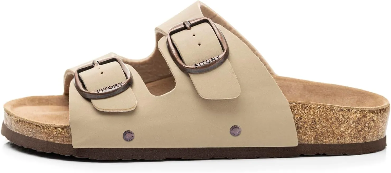 FITORY Womens Flat Sandals with Cork Footbed, Open Toe Slides Adjustable Slip On Slippers for Summer Size 6-11