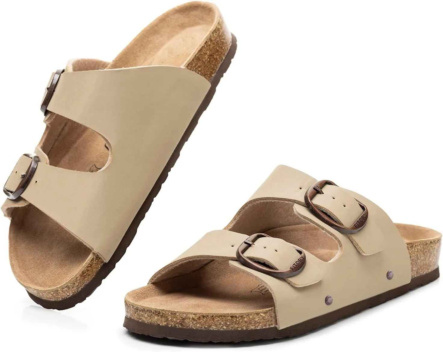 FITORY Womens Flat Sandals with Cork Footbed, Open Toe Slides Adjustable Slip On Slippers for Summer Size 6-11