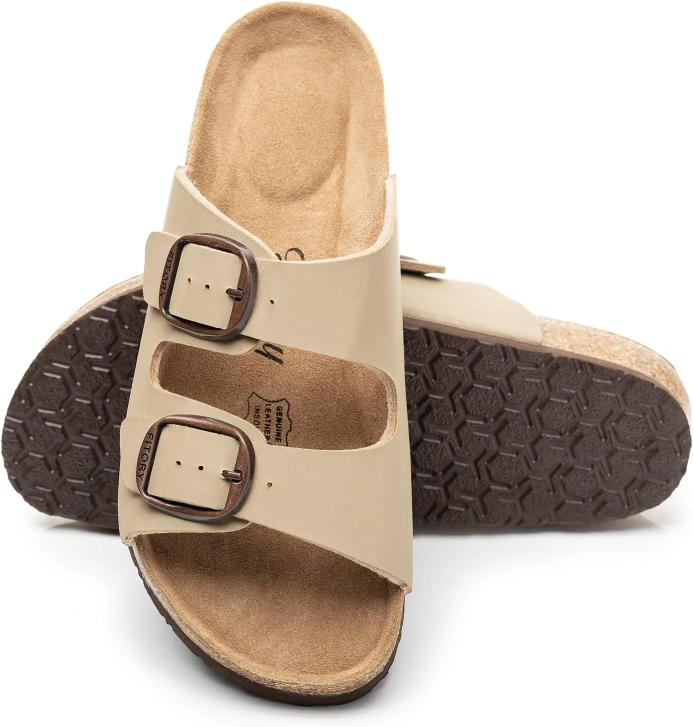 FITORY Womens Flat Sandals with Cork Footbed, Open Toe Slides Adjustable Slip On Slippers for Summer Size 6-11