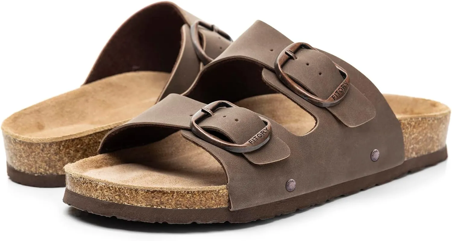 FITORY Womens Flat Sandals with Cork Footbed, Open Toe Slides Adjustable Slip On Slippers for Summer Size 6-11