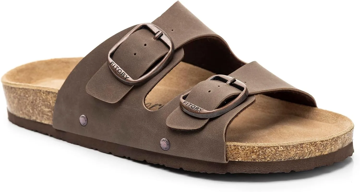 FITORY Womens Flat Sandals with Cork Footbed, Open Toe Slides Adjustable Slip On Slippers for Summer Size 6-11