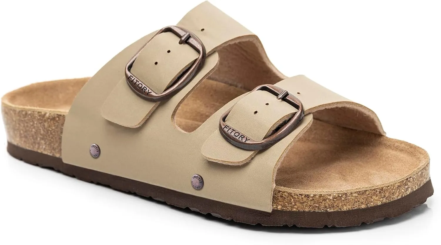 FITORY Womens Flat Sandals with Cork Footbed, Open Toe Slides Adjustable Slip On Slippers for Summer Size 6-11