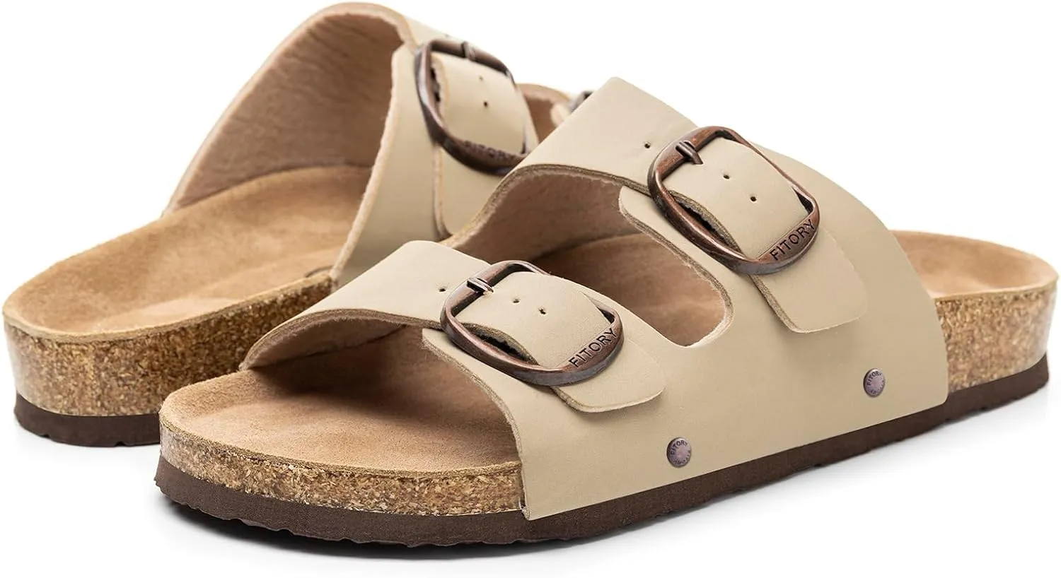 FITORY Womens Flat Sandals with Cork Footbed, Open Toe Slides Adjustable Slip On Slippers for Summer Size 6-11