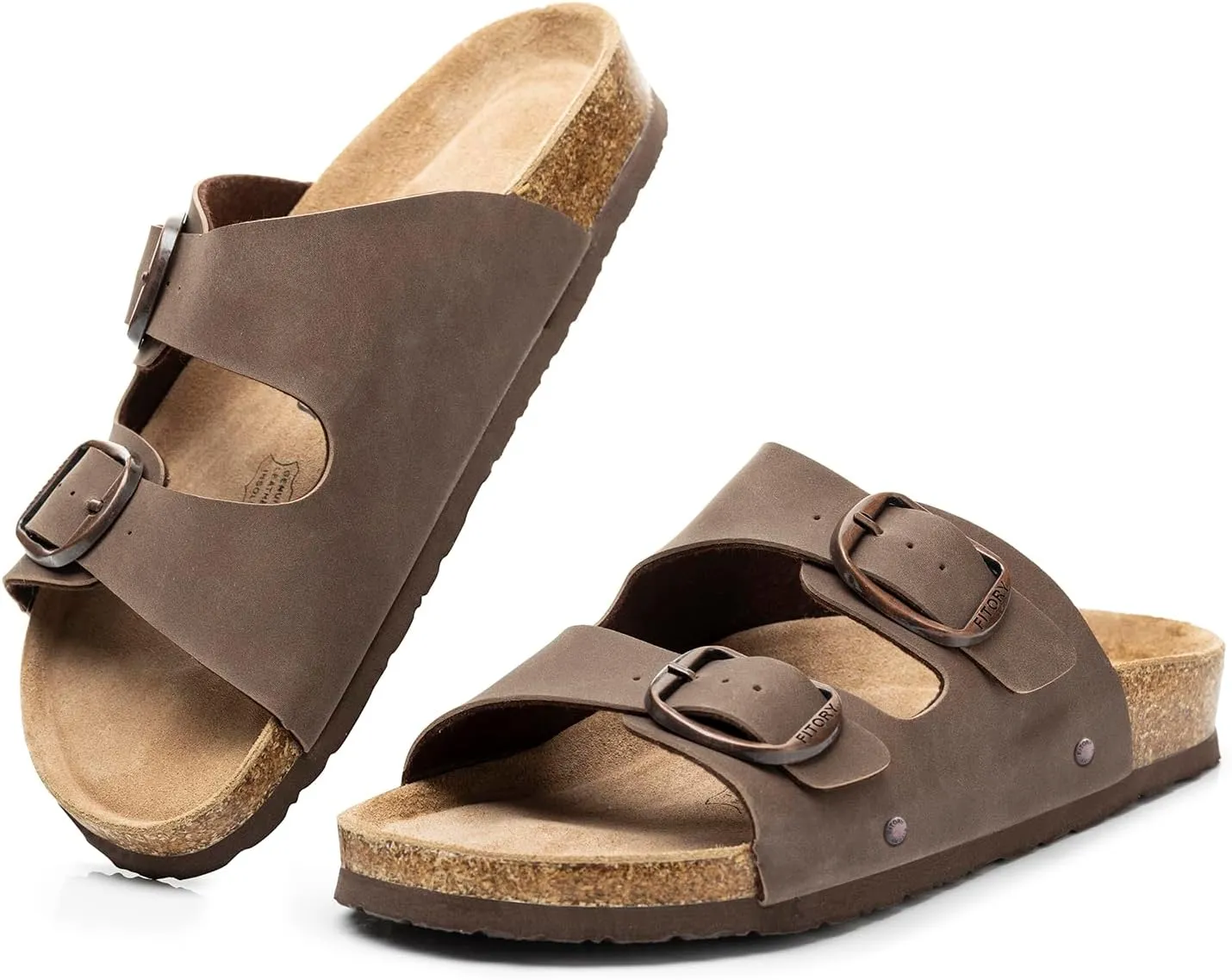 FITORY Womens Flat Sandals with Cork Footbed, Open Toe Slides Adjustable Slip On Slippers for Summer Size 6-11