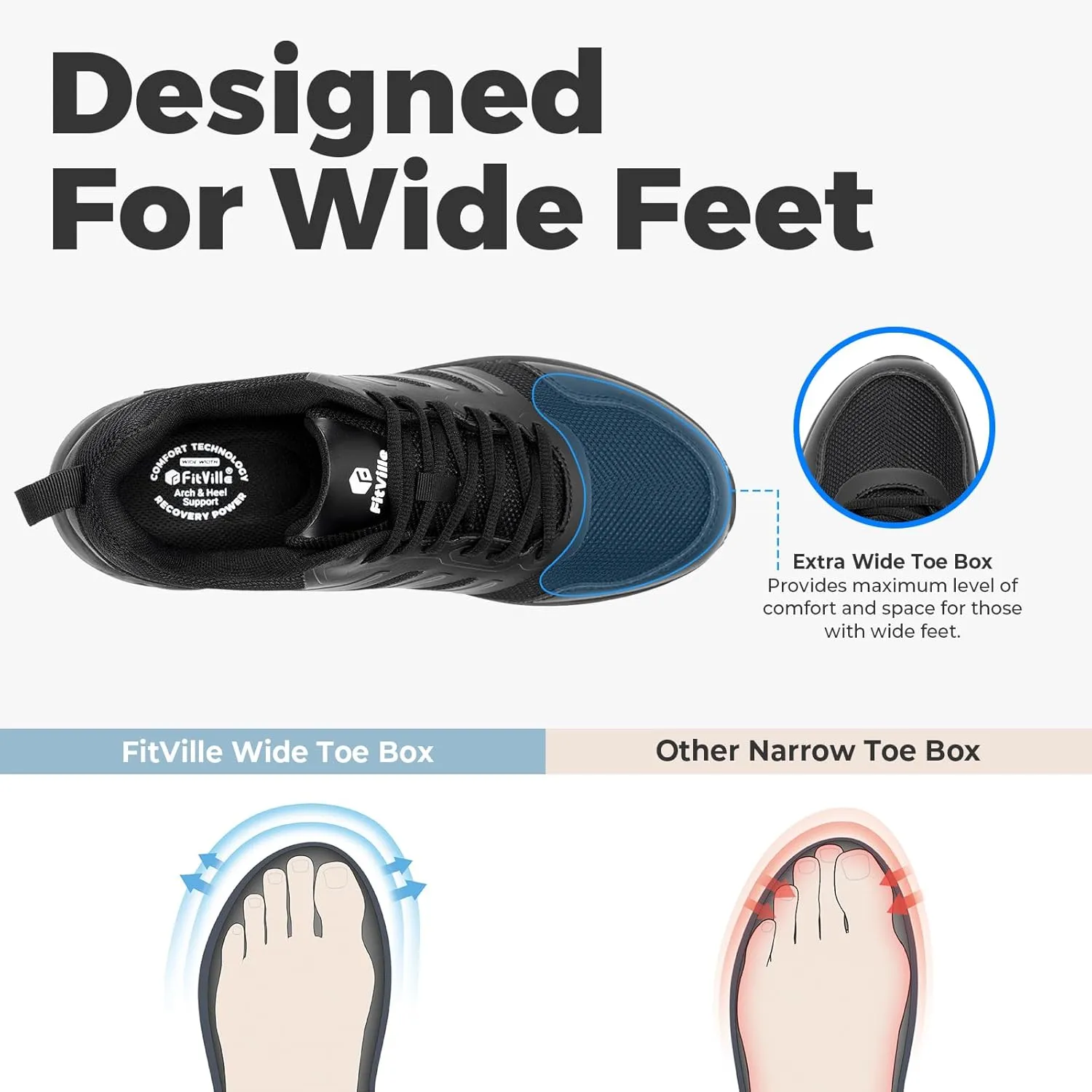 FitVille Extra Wide Sneakers for Men with Wide Toe Box Lightweight Running Shoes for Diabetic Men, Flat Feet, Heel Pain & Plantar Fasciitis Relief