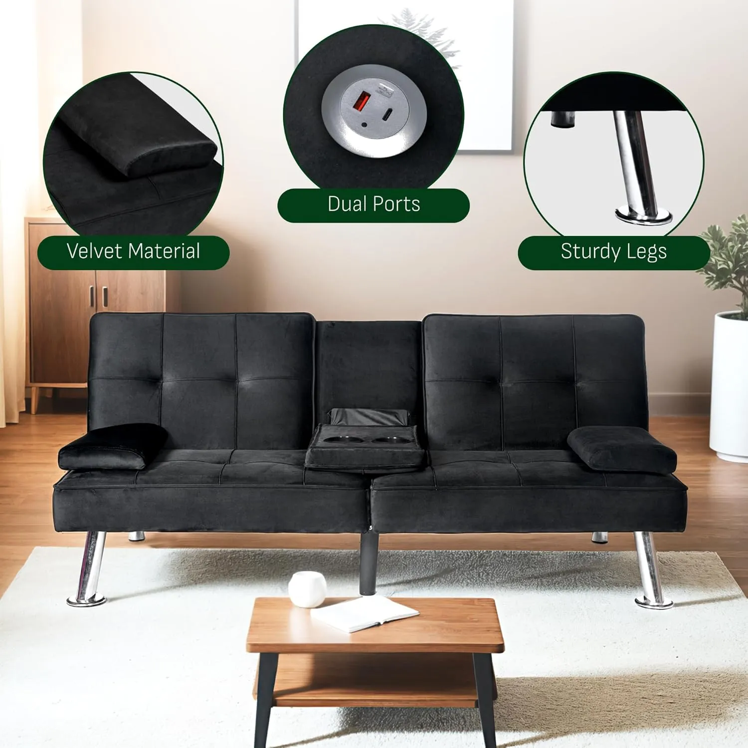 FLEXISPOT XCT3 Futon Sofa Bed with USB & Type-C Charging Port, Convertible Sleeper Couch with Adjustable Backrest, Folding Loveseat for Small Space, Living Room, Guest Room, Apartment (Velvet, Black)