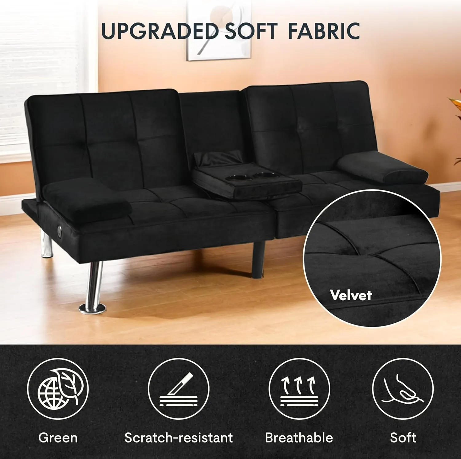FLEXISPOT XCT3 Futon Sofa Bed with USB & Type-C Charging Port, Convertible Sleeper Couch with Adjustable Backrest, Folding Loveseat for Small Space, Living Room, Guest Room, Apartment (Velvet, Black)