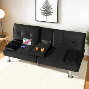 FLEXISPOT XCT3 Futon Sofa Bed with USB & Type-C Charging Port, Convertible Sleeper Couch with Adjustable Backrest, Folding Loveseat for Small Space, Living Room, Guest Room, Apartment (Velvet, Black)