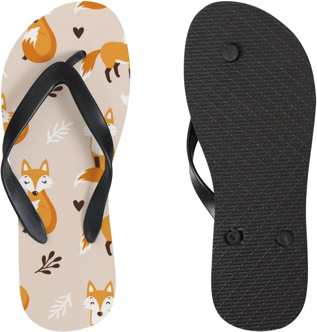 Flip Flops Sandals for Women Beach - Fox Leaves Woodland Animals Casual Flat Slide Sandal Thong Slippers Shower Shoes