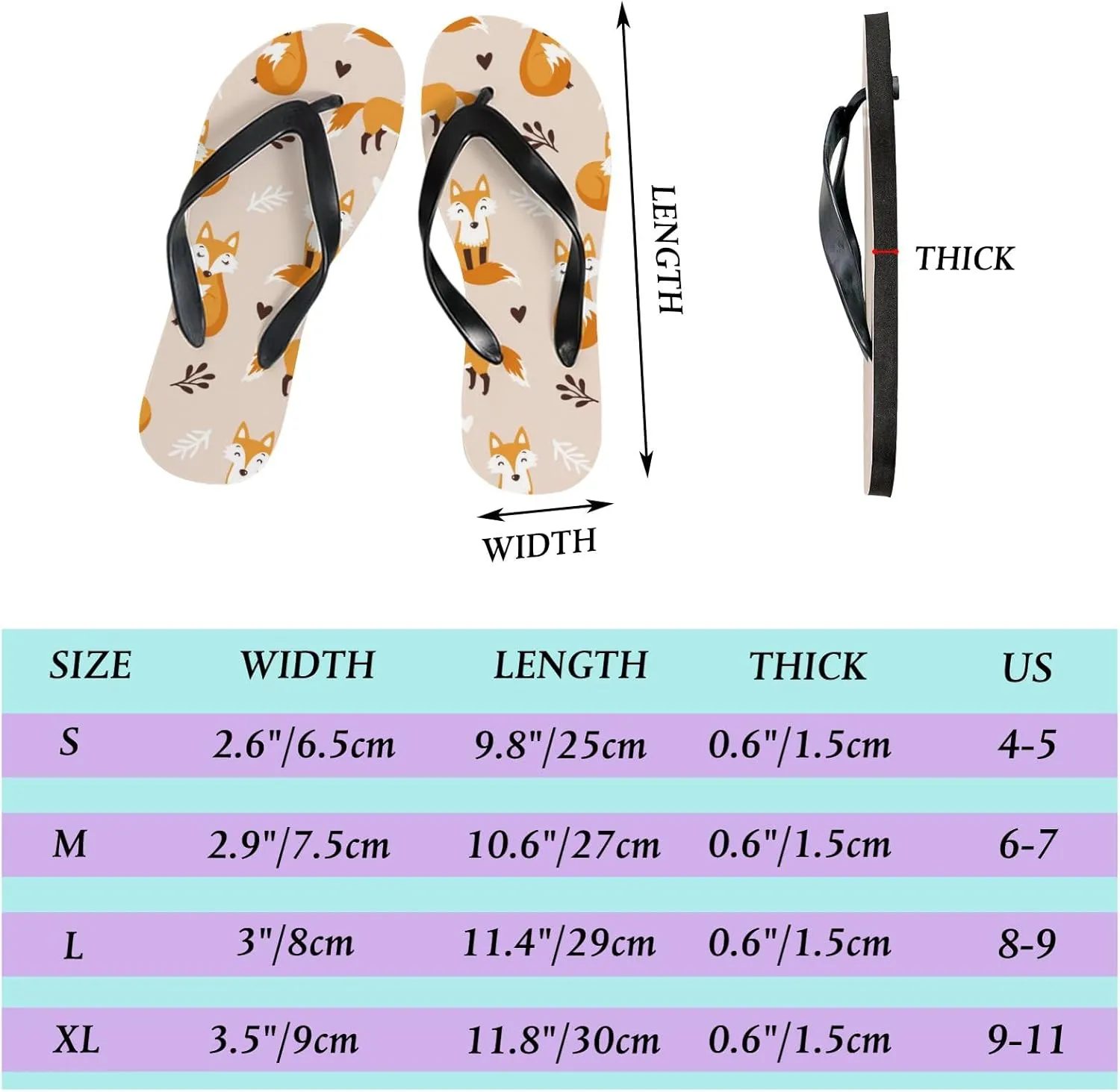 Flip Flops Sandals for Women Beach - Fox Leaves Woodland Animals Casual Flat Slide Sandal Thong Slippers Shower Shoes
