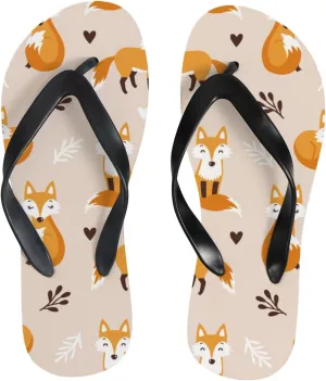 Flip Flops Sandals for Women Beach - Fox Leaves Woodland Animals Casual Flat Slide Sandal Thong Slippers Shower Shoes