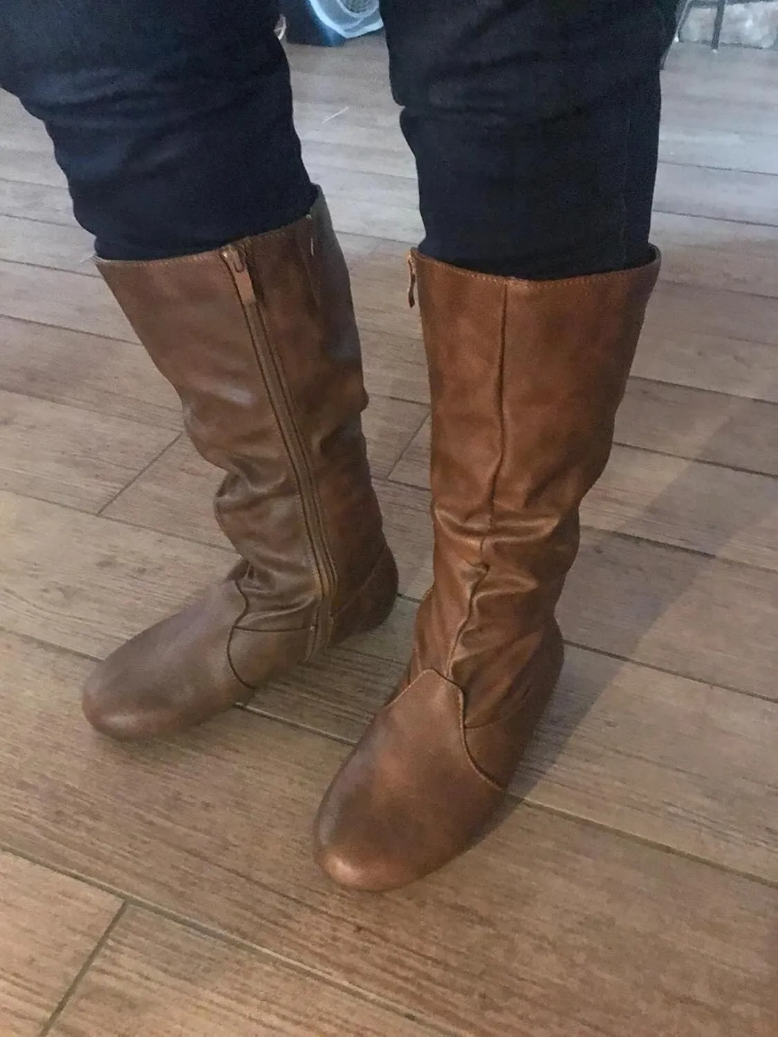 Forever Womens Round Toe Slouch Vegan Comfy Flat Mid Calf Tall Boots