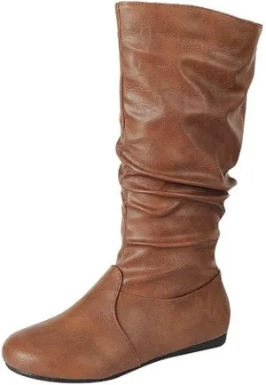 Forever Womens Round Toe Slouch Vegan Comfy Flat Mid Calf Tall Boots