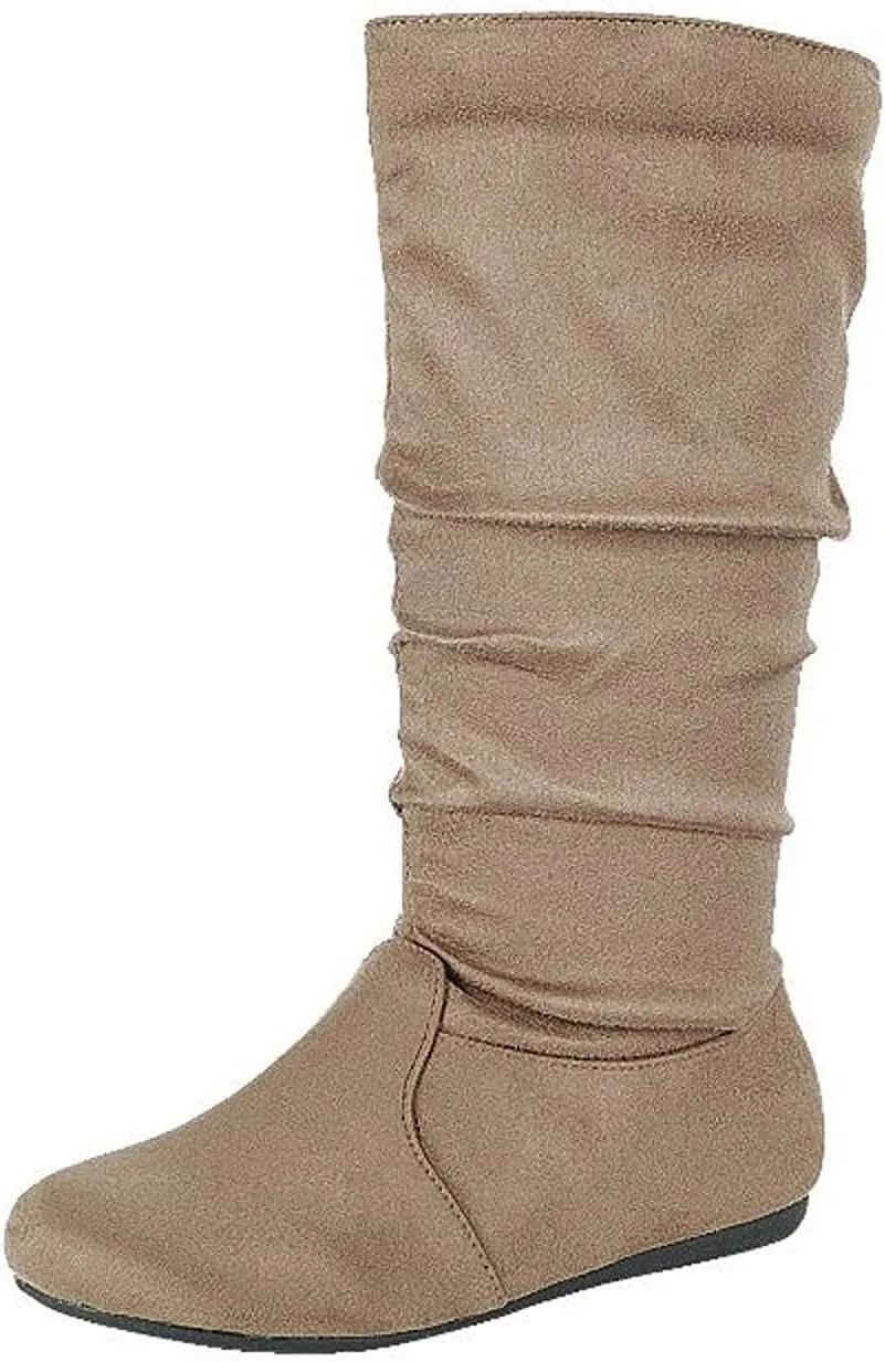 Forever Womens Round Toe Slouch Vegan Comfy Flat Mid Calf Tall Boots