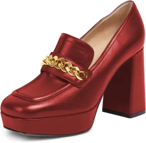 FSJ Women Classic Platform High Chunky Heel Loafer Pumps Square Closed Toe Slip On Block Heel Ladies Wedding Party Office Dress Shoes with Chain Size 4-15 US